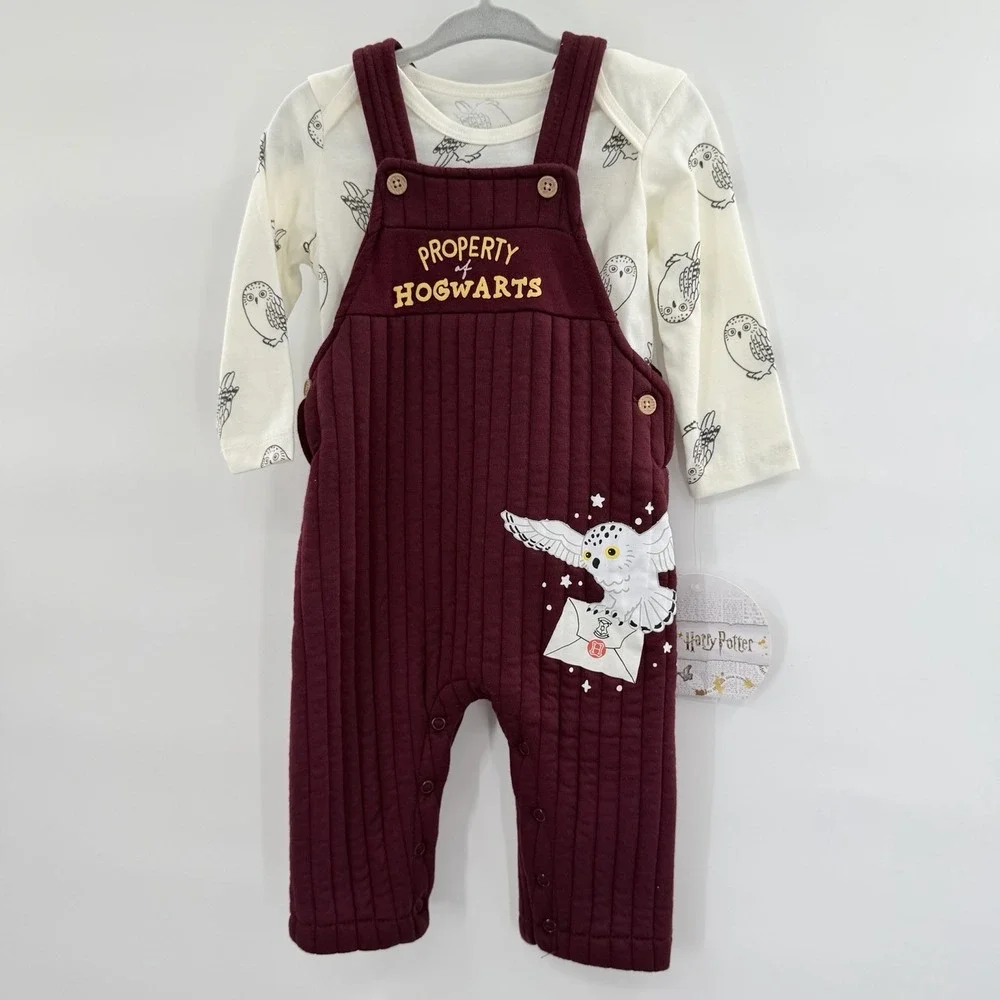 Harry Potter Hedwig Hogwarts Quilted Overalls Romper Bodysuit Set Baby 12M NWT